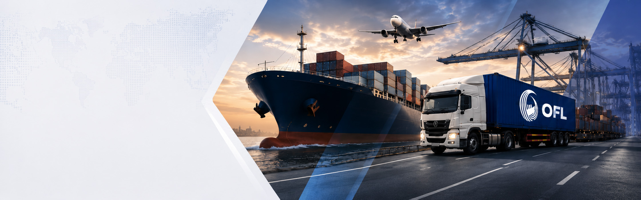 Ocean freight ship, cargo plane and truck at port